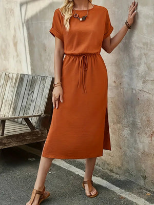 Textured Midi Dress - Drawstring Waist Slit
