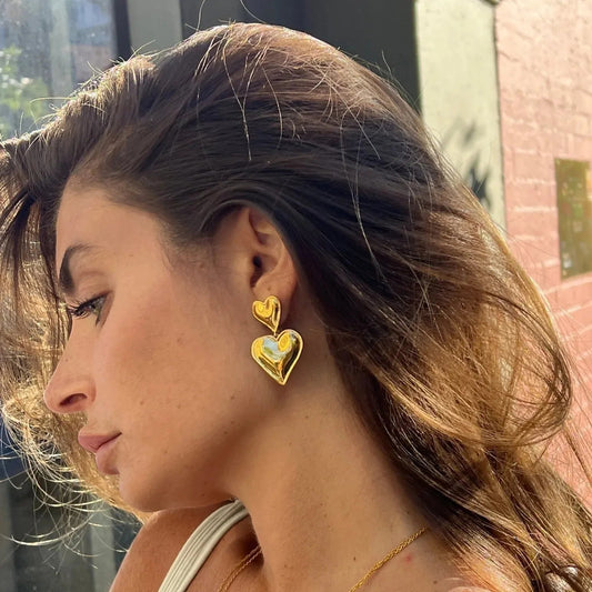 Layered Heart Drop Earrings - Polished Finish