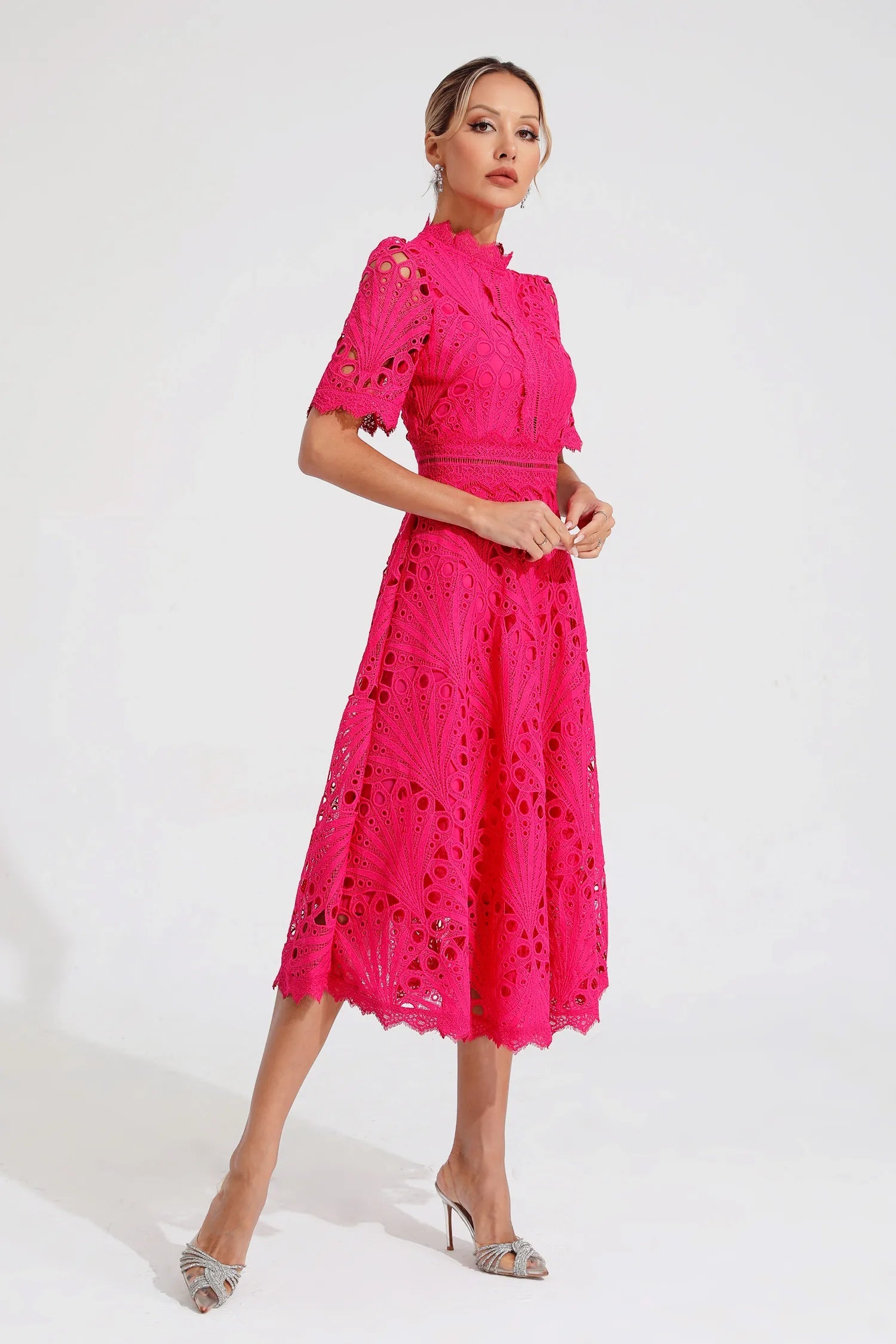 Women's Lace Midi Dress – High Neckline, Short Sleeve, Cut-Out Detail-83326-f1aa923e-0039-4581-bce9-d9b95d28537f