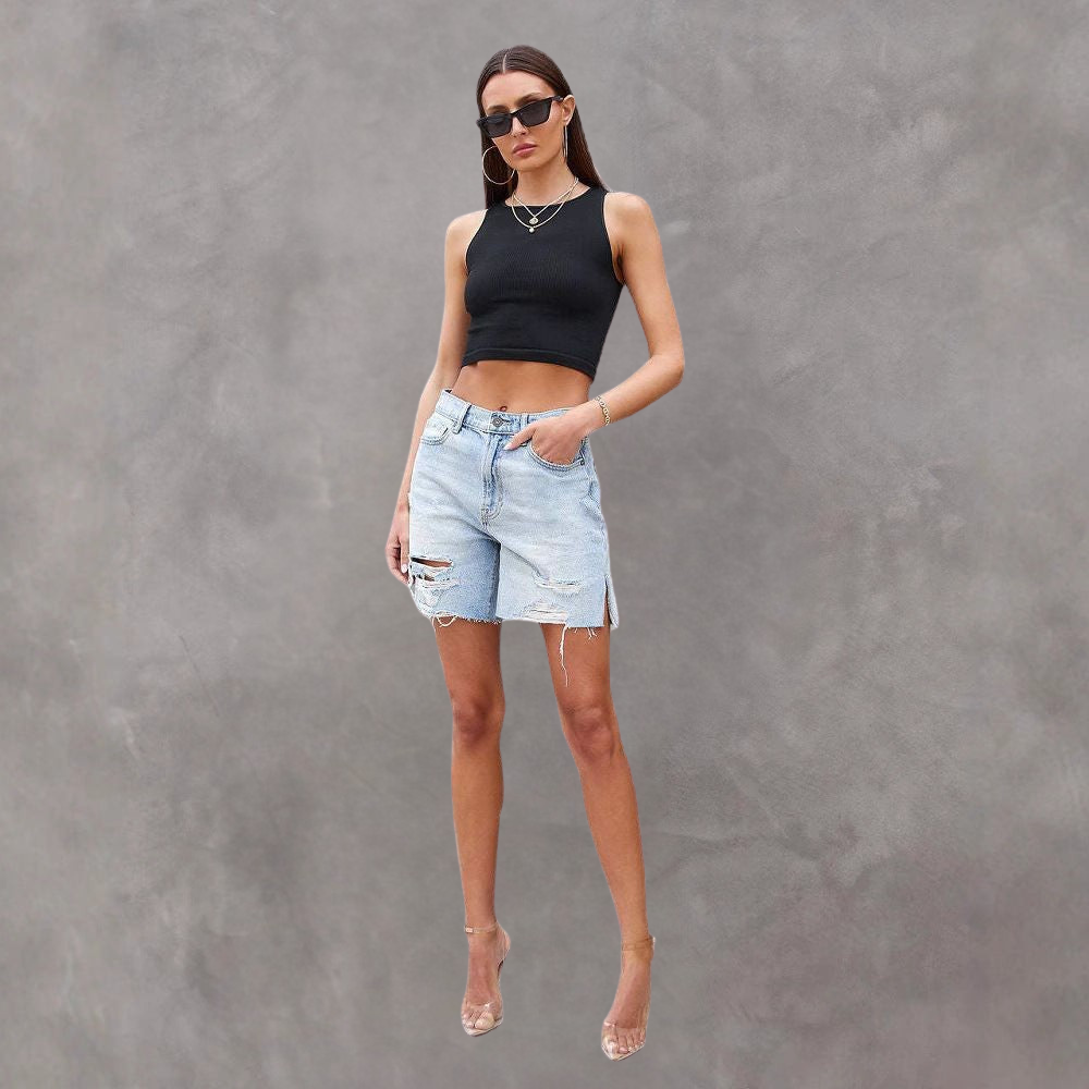 Women's Distressed Denim Shorts – Modern Fit with Side Slits-83378-f1ab7d81-d508-454a-9c83-70c32e842cab