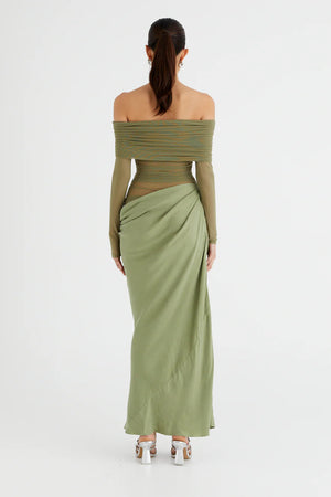 Sheer Sleeve Draped Skirt Occasion Gown