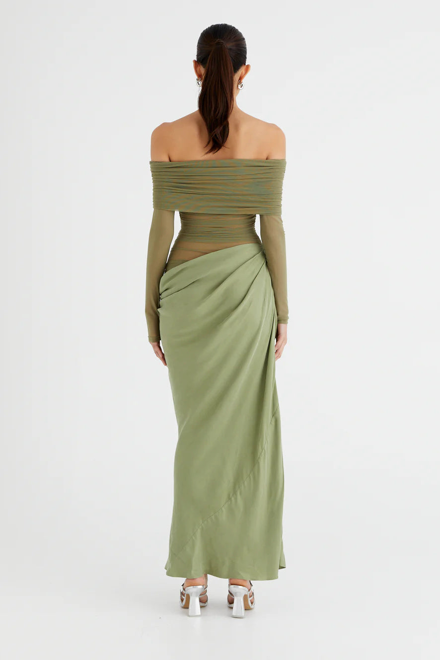 Sheer Sleeve Draped Skirt Occasion Gown