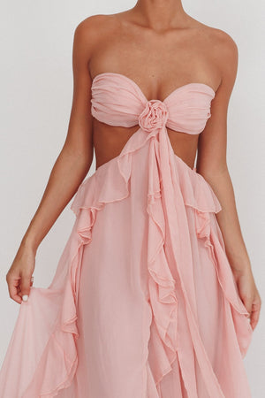 Women's Strapless Ruffle Cut-Out Flowing Dress - Elegant Occasion-83518-fcb18231-3e24-4254-86f3-e02af363e873