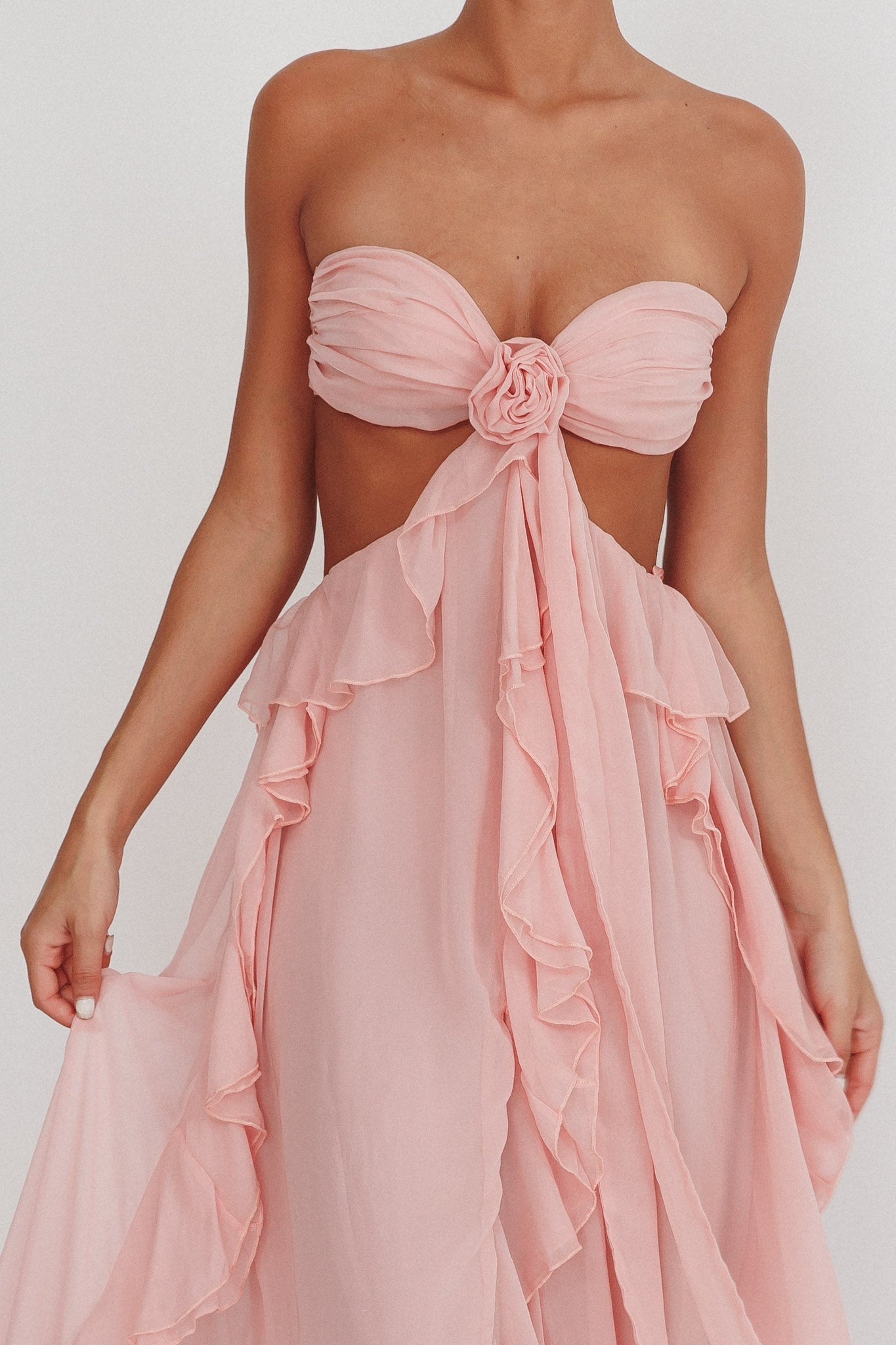Women's Strapless Ruffle Cut-Out Flowing Dress - Elegant Occasion-83518-fcb18231-3e24-4254-86f3-e02af363e873