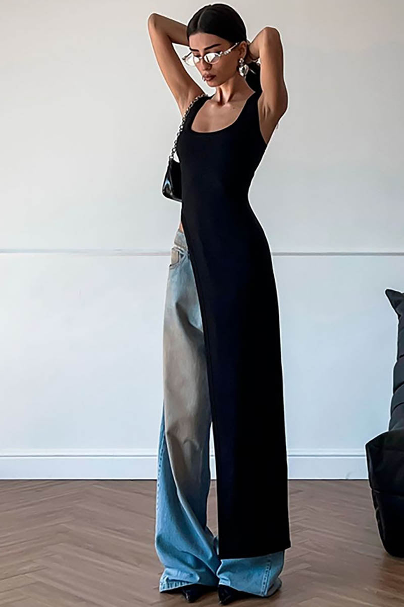Fitted Top - Asymmetrical Slit, Sleeveless Design