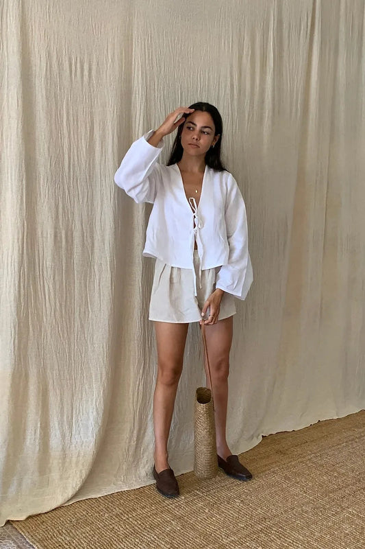 Women's Linen Two-Piece Set – Long Sleeve Tie Front Top & Elastic Waist Shorts, Relaxed Fit-83296-fe80db45-ee7c-4e68-ba50-552863efcbac