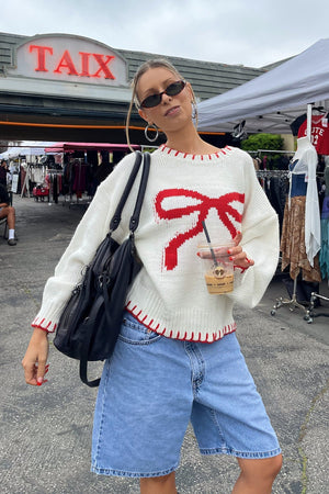 Bow Knit Top - Red Bow & Trim Detail