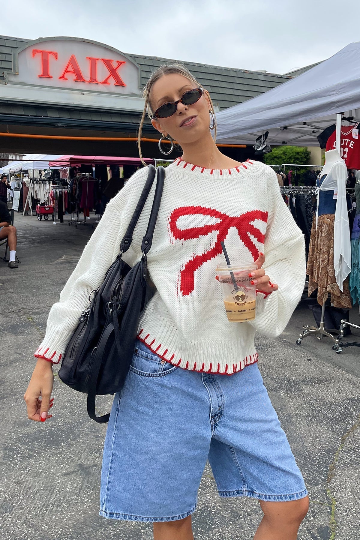 Bow Knit Top - Red Bow & Trim Detail