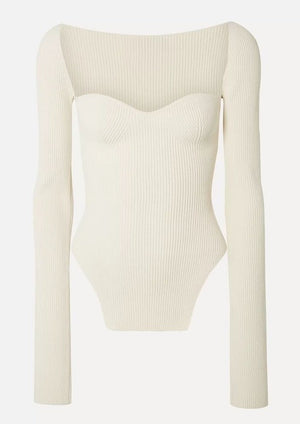 Ribbed Knit Top - Asymmetrical Hem, Long Sleeve