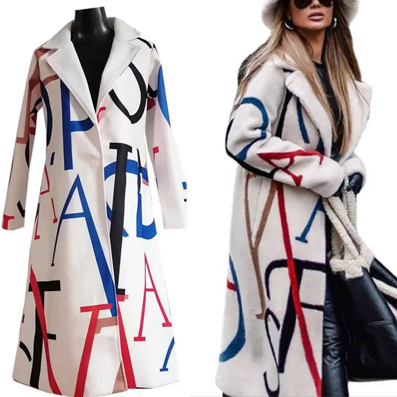 Women's Coat – Cream Wool Blend, Bold Lettering, Relaxed Fit, Oversized Sleeves-55072-59499662082391